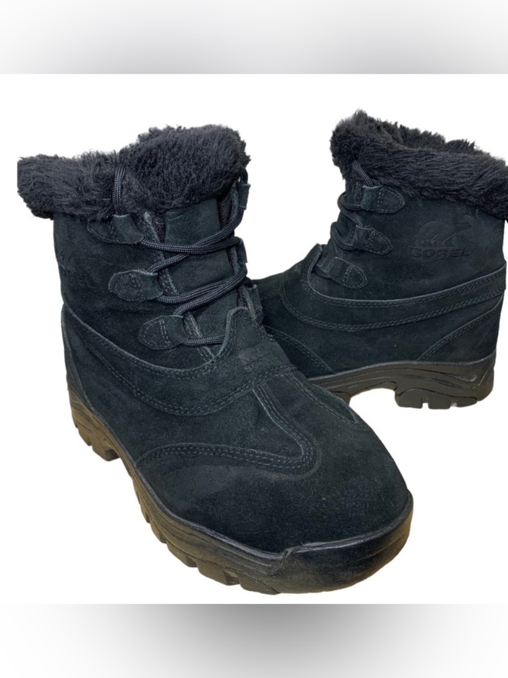 Sorel Black Suede Winter Boots Sz 7 Lace Up Shearling Fleeced Lined